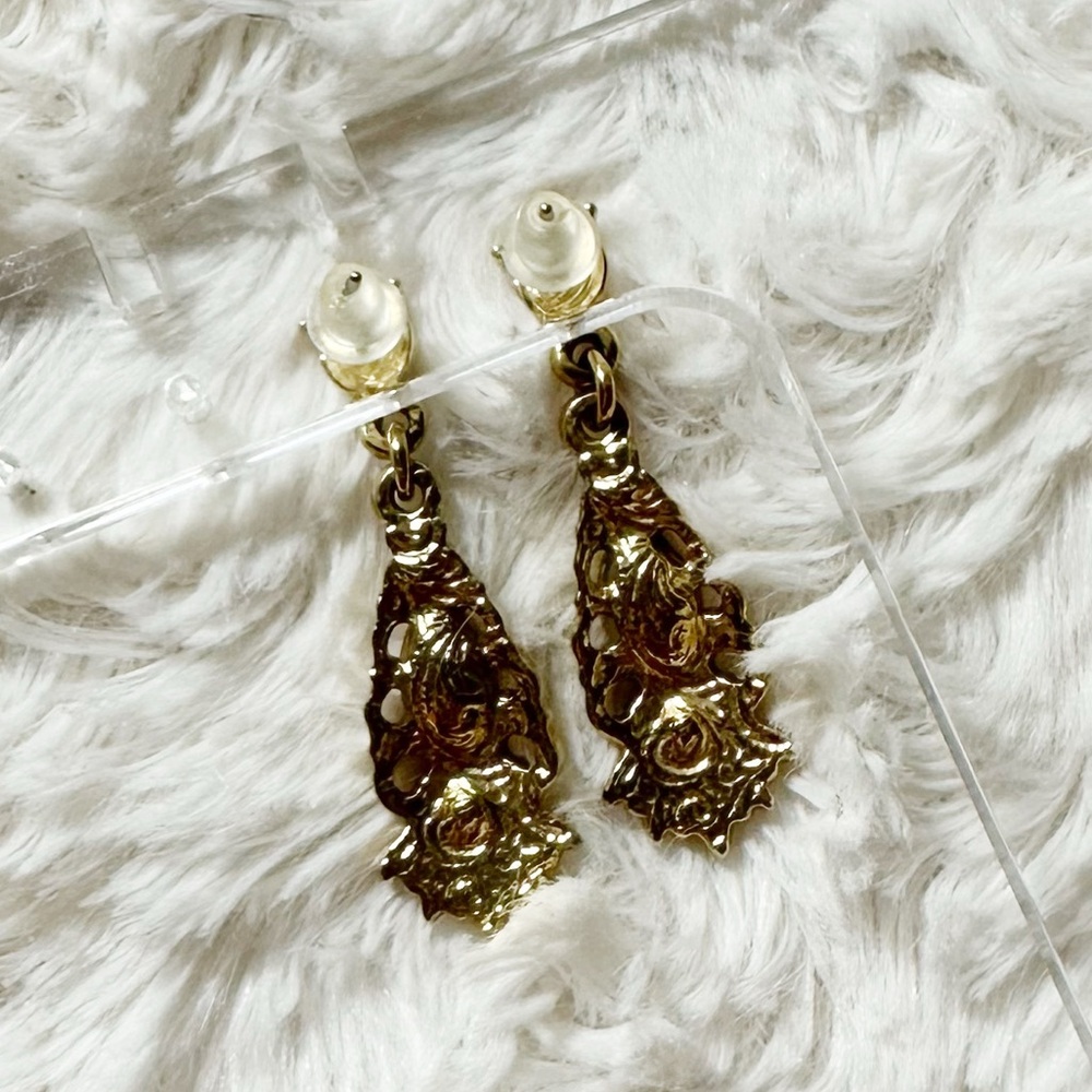 Gold Tone Rhinestone Filigree Earrings - Picture 2 of 3